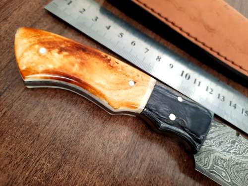 Handmade DAMASCUS Steel Hunting Knife, BURNT Camel Bone & Wooden Handle scales.