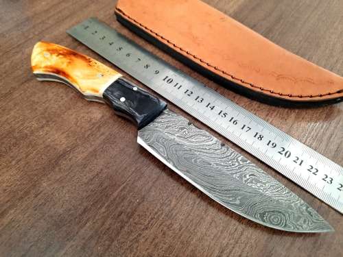 Handmade DAMASCUS Steel Hunting Knife, BURNT Camel Bone & Wooden Handle scales.