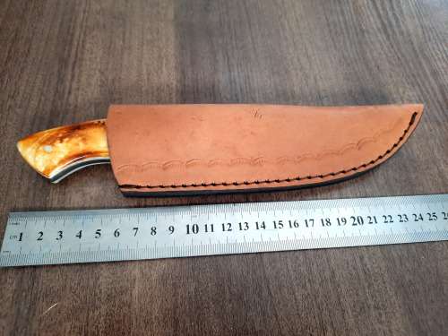 Handmade DAMASCUS Steel Hunting Knife, BURNT Camel Bone & Wooden Handle scales.