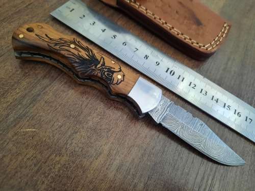 Handmade Damascus steel folding knife w Wooden Handle Scales. New stock !!