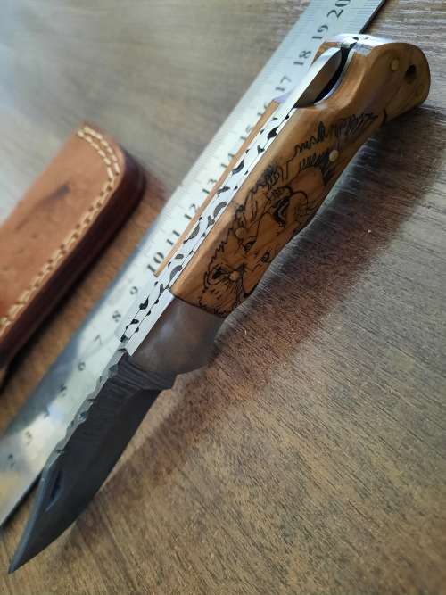 Handmade Damascus steel folding knife w Wooden Handle Scales. New stock !!