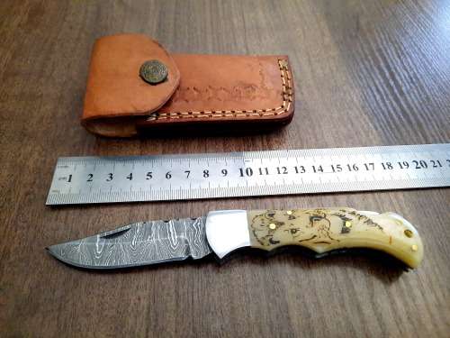 Handmade Damascus steel folding knife w Camel Bone Handle Scales. New stock !!
