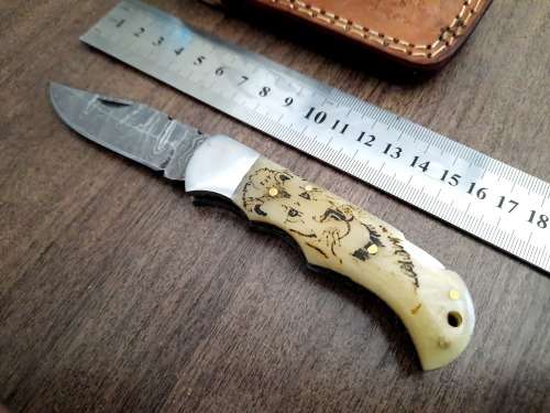 Handmade Damascus steel folding knife w Camel Bone Handle Scales. New stock !!