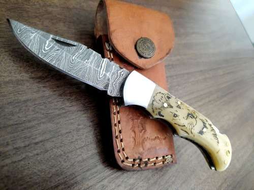 Handmade Damascus steel folding knife w Camel Bone Handle Scales. New stock !!