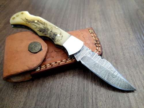 Handmade Damascus steel folding knife w Camel Bone Handle Scales. New stock !!