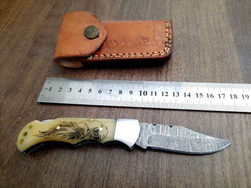 Handmade Damascus steel folding knife w Camel Bone Handle Scales. New stock !!