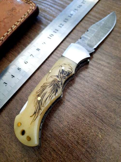 Handmade Damascus steel folding knife w Camel Bone Handle Scales. New stock !!