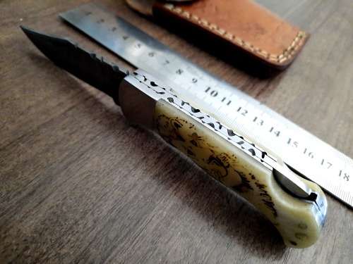 Handmade Damascus steel folding knife w Camel Bone Handle Scales. New stock !!