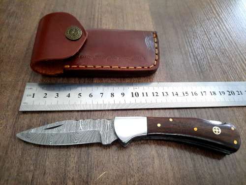 Handmade Damascus steel folding knife w Wooden Handle Scales. New stock !!