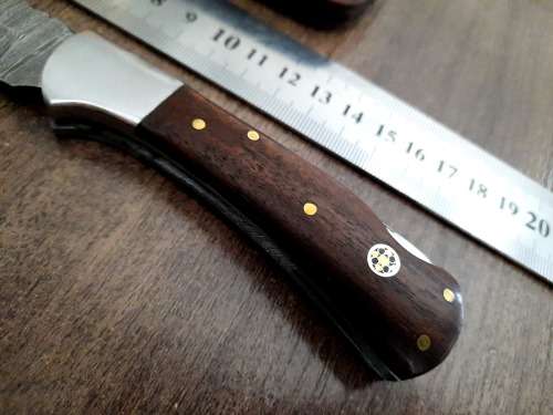 Handmade Damascus steel folding knife w Wooden Handle Scales. New stock !!