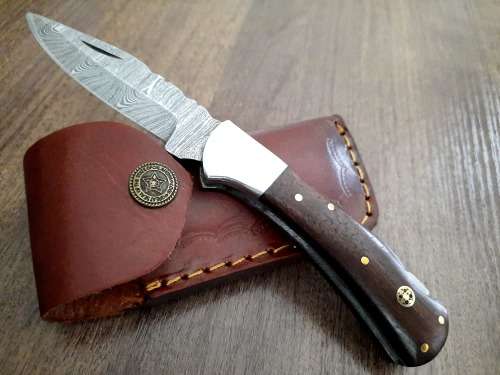 Handmade Damascus steel folding knife w Wooden Handle Scales. New stock !!
