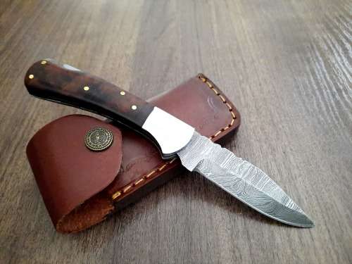 Handmade Damascus steel folding knife w Wooden Handle Scales. New stock !!