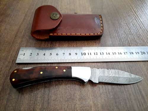 Handmade Damascus steel folding knife w Wooden Handle Scales. New stock !!