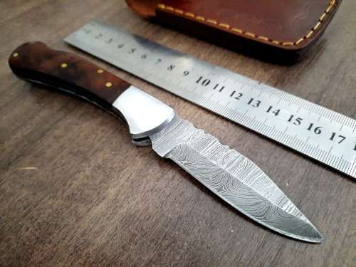 Handmade Damascus steel folding knife w Wooden Handle Scales. New stock !!