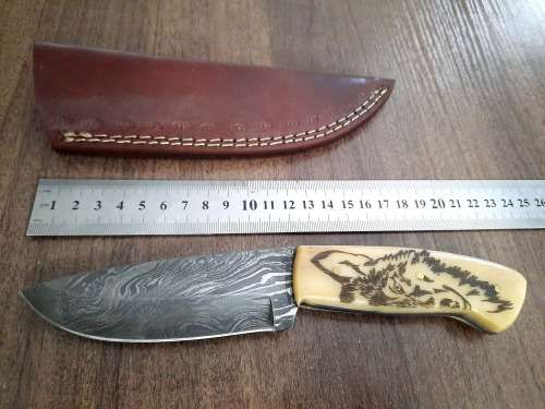 Handmade Damascus steel HUNTING Knife w Camel Bone handle scales, Exact knife you will receive.