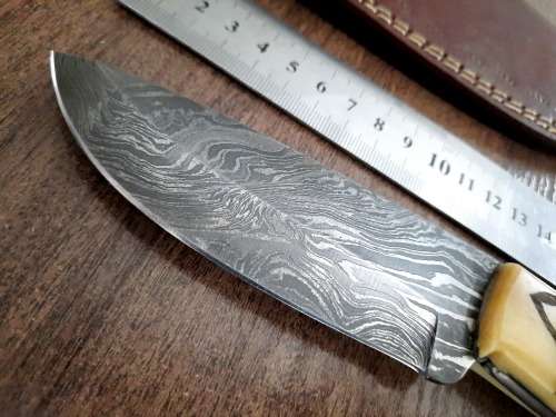 Handmade Damascus steel HUNTING Knife w Camel Bone handle scales, Exact knife you will receive.