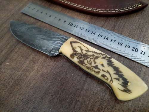 Handmade Damascus steel HUNTING Knife w Camel Bone handle scales, Exact knife you will receive.