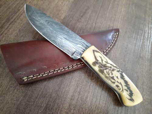 Handmade Damascus steel HUNTING Knife w Camel Bone handle scales, Exact knife you will receive.