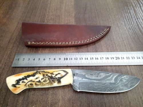 Handmade Damascus steel HUNTING Knife w Camel Bone handle scales, Exact knife you will receive.