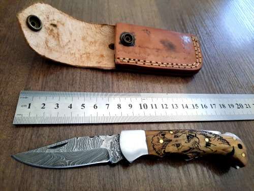 Handmade Damascus steel folding knife w Wooden Handle Scales. New stock !! LEATHER Pouch is BAD.