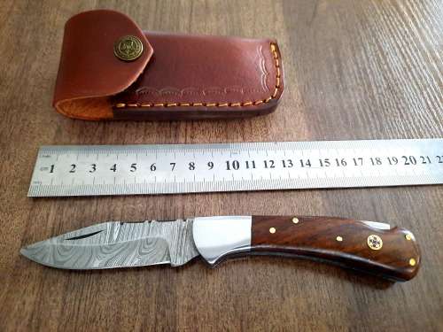 Handmade Damascus steel folding knife w Wooden Handle Scales. New stock !!