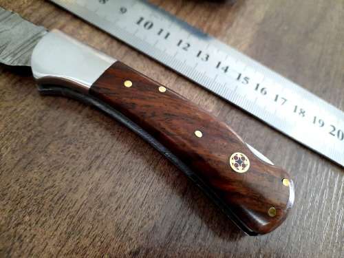 Handmade Damascus steel folding knife w Wooden Handle Scales. New stock !!