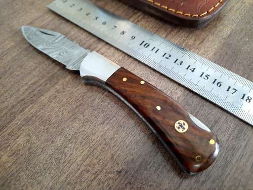 Handmade Damascus steel folding knife w Wooden Handle Scales. New stock !!