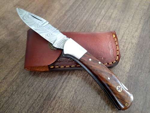 Handmade Damascus steel folding knife w Wooden Handle Scales. New stock !!