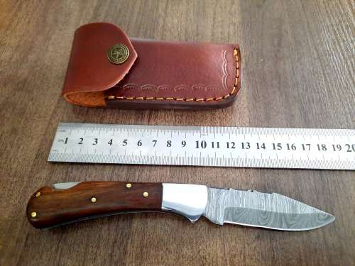 Handmade Damascus steel folding knife w Wooden Handle Scales. New stock !!