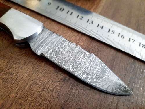 Handmade Damascus steel folding knife w Wooden Handle Scales. New stock !!