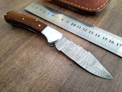Handmade Damascus steel folding knife w Wooden Handle Scales. New stock !!