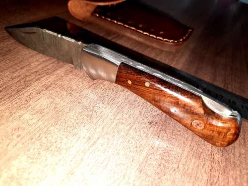 Handmade Damascus steel folding knife w Wooden Handle Scales. New stock !!