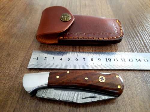 Handmade Damascus steel folding knife w Wooden Handle Scales. New stock !!
