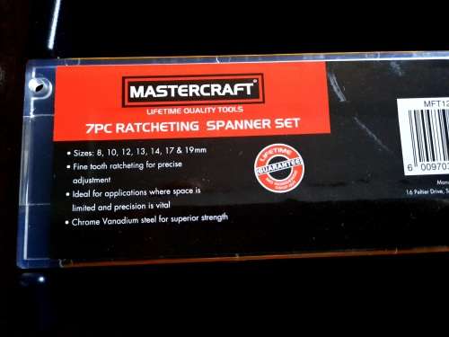 Mastercraft 7 Pc Ratcheting Spanner set, Lifetime Quality Tools, Sizes 8,10,12,13,14,17 &19