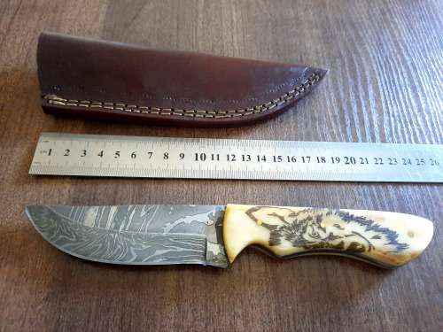Handmade Damascus steel HUNTING Knife with Camel Bone handle scales, Crazy R1 start.