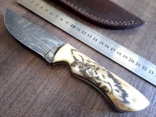 Handmade Damascus steel HUNTING Knife with Camel Bone handle scales, Crazy R1 start.