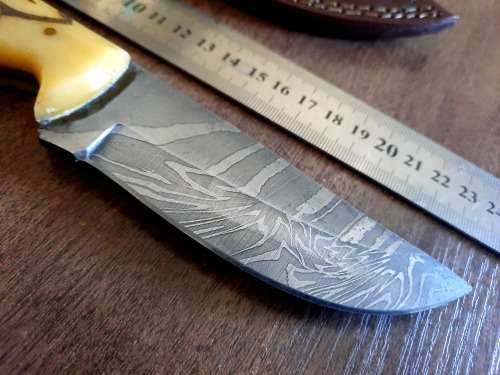 Handmade Damascus steel HUNTING Knife with Camel Bone handle scales, Crazy R1 start.