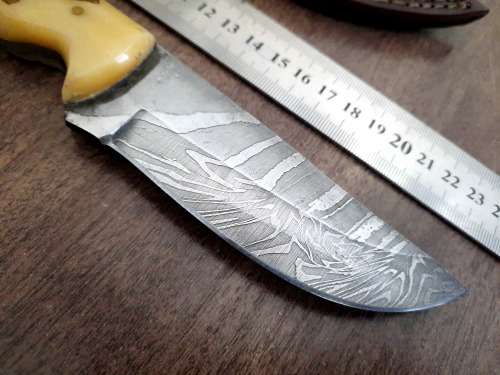Handmade Damascus steel HUNTING Knife with Camel Bone handle scales, Crazy R1 start.