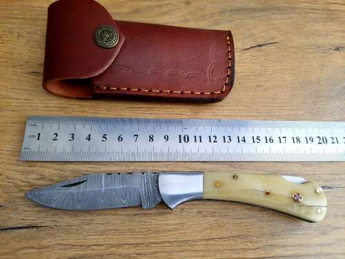 Handmade Damascus steel folding knife w Camel Bone Handle Scales. New stock !!