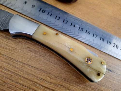 Handmade Damascus steel folding knife w Camel Bone Handle Scales. New stock !!
