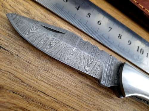 Handmade Damascus steel folding knife w Camel Bone Handle Scales. New stock !!