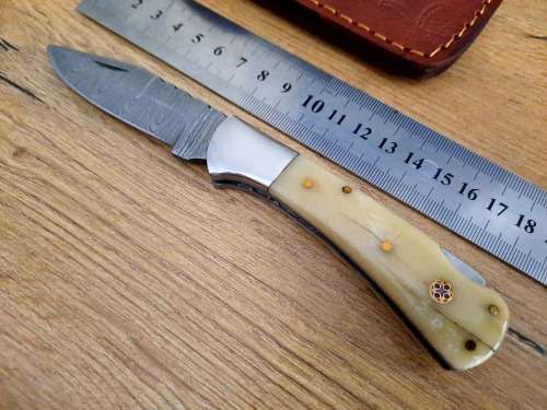 Handmade Damascus steel folding knife w Camel Bone Handle Scales. New stock !!