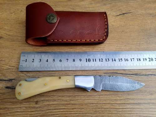 Handmade Damascus steel folding knife w Camel Bone Handle Scales. New stock !!
