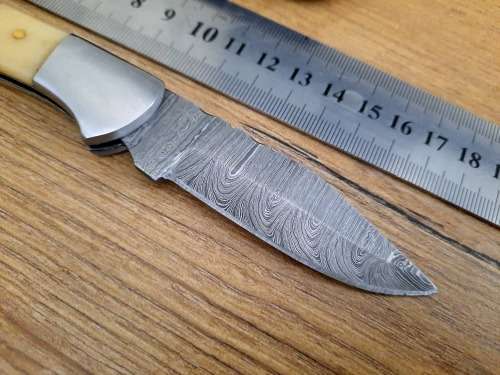 Handmade Damascus steel folding knife w Camel Bone Handle Scales. New stock !!