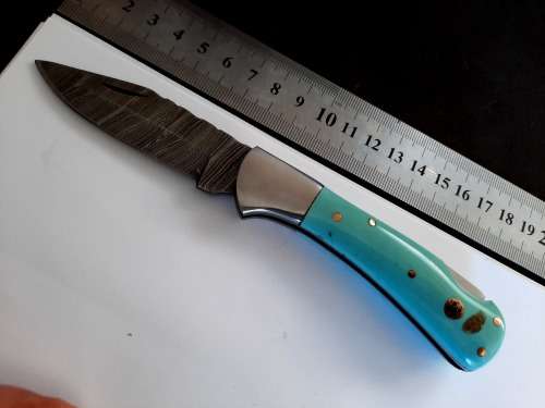 Handmade Damascus steel folding knife w Epoxy Resin Handle Scales. New stock !!