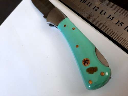 Handmade Damascus steel folding knife w Epoxy Resin Handle Scales. New stock !!