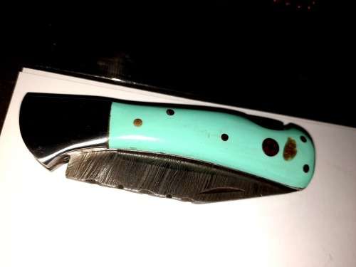 Handmade Damascus steel folding knife w Epoxy Resin Handle Scales. New stock !!