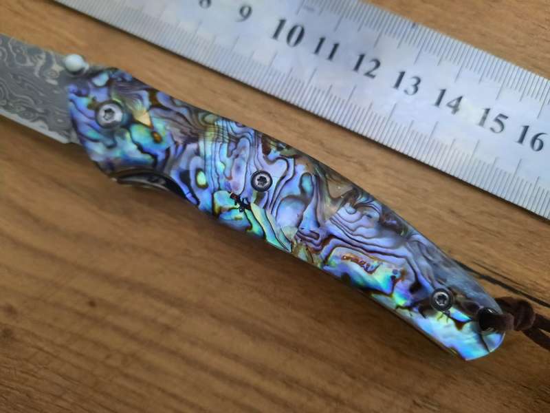 Damascus VG-10 Stainless Steel folding knife, Sharp, Abalone handle Scales.