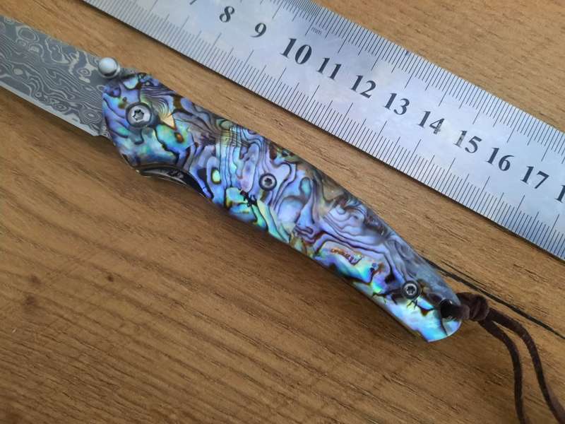 Damascus VG-10 Stainless Steel folding knife, Sharp, Abalone handle Scales.