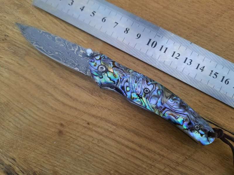 Damascus VG-10 Stainless Steel folding knife, Sharp, Abalone handle Scales.